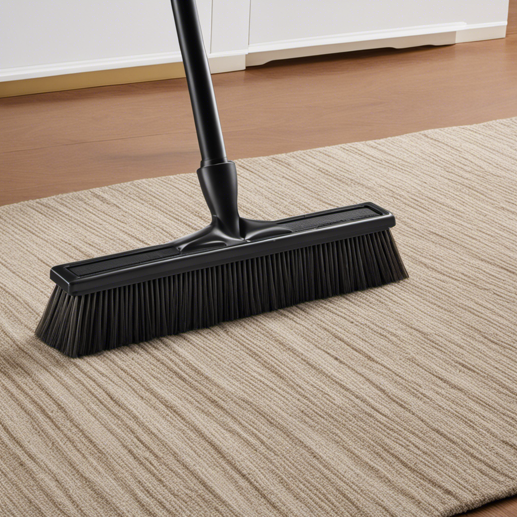 An image showcasing a wide, sturdy broom with thick, rubber bristles effectively sweeping up tangled clumps of pet hair from a plush carpet