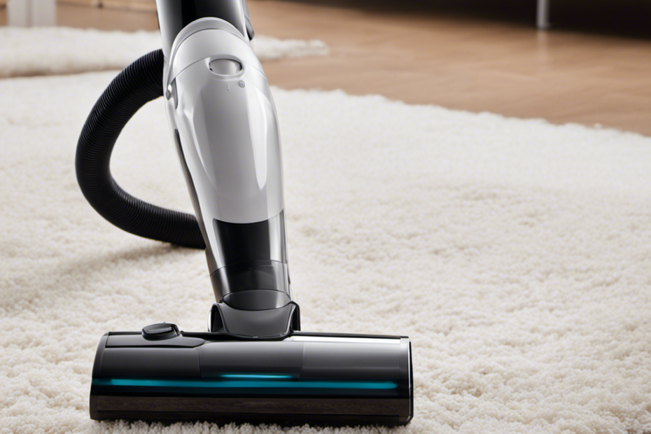 An image showcasing a close-up of a handheld vacuum cleaner in action, effortlessly sucking up pet hair and white dust from a plush carpet