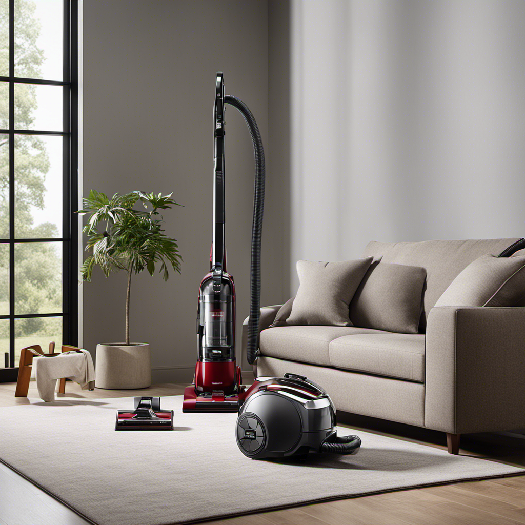 An image showcasing a sleek, powerful vacuum cleaner in action, effortlessly capturing pet hair from various surfaces