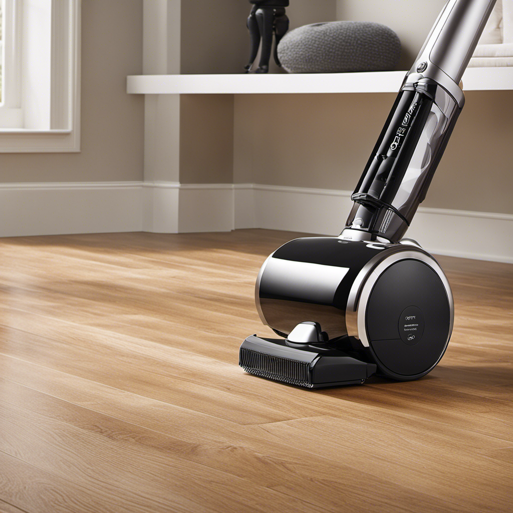 An image showcasing a sleek, modern vacuum effortlessly gliding over hardwood floors, capturing stray pet hair with precision