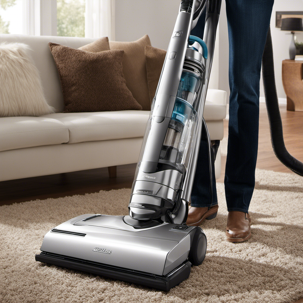 An image showcasing a sleek, modern vacuum with specialized attachments, effortlessly gliding across a plush carpet covered in copious amounts of pet hair