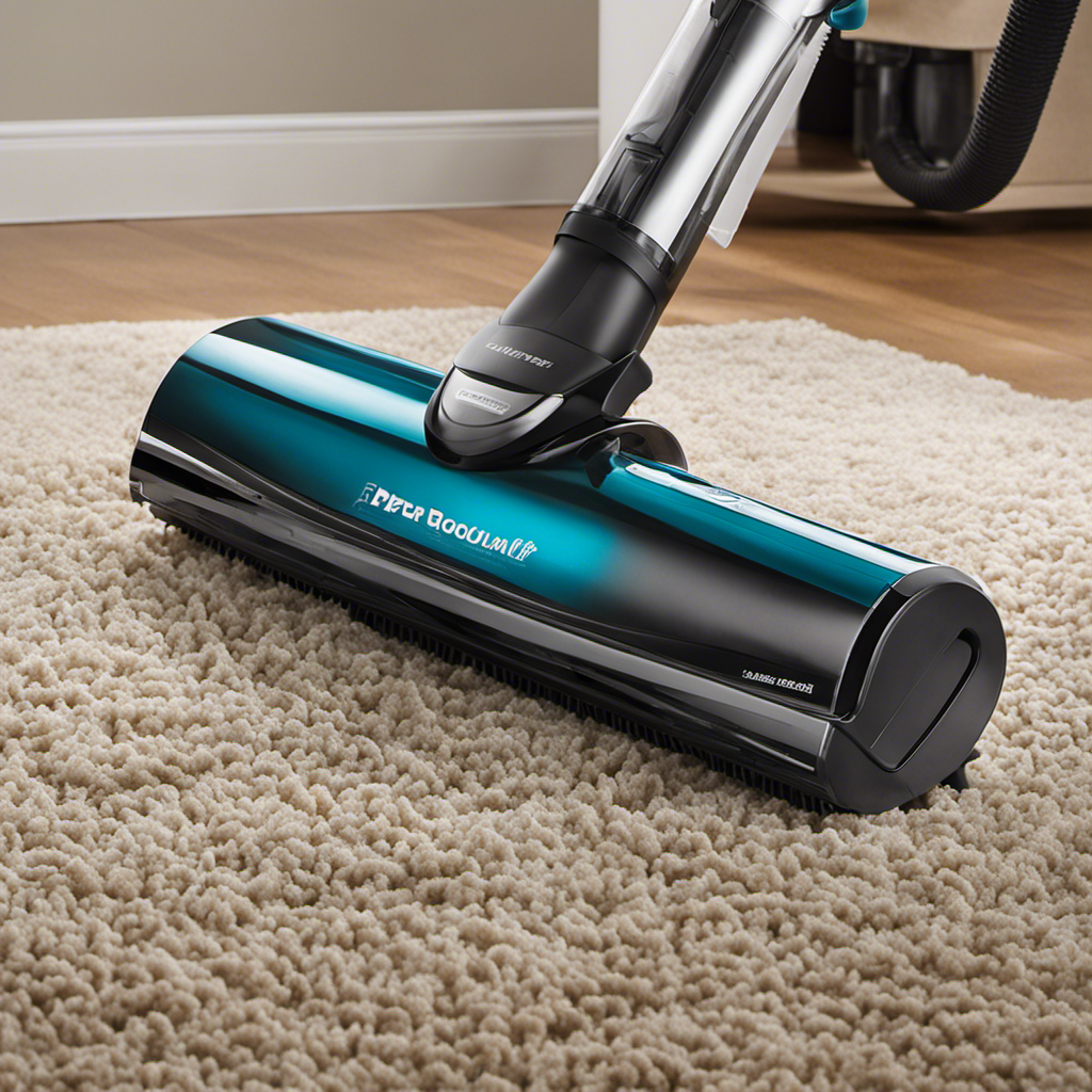 An image that showcases a pet hair vacuum's unique features: a specialized brushroll with rubber bristles designed to lift and remove stubborn fur from carpets, a large dustbin to collect pet hair, and a HEPA filter to trap allergens