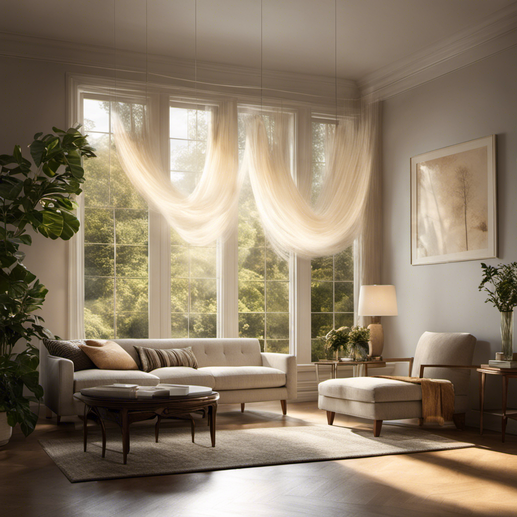 An image showcasing a serene living room with sunrays streaming through a window, illuminating countless ethereal strands of pet hair, gracefully suspended in mid-air, forming a mesmerizing dance of delicate, weightless fluff