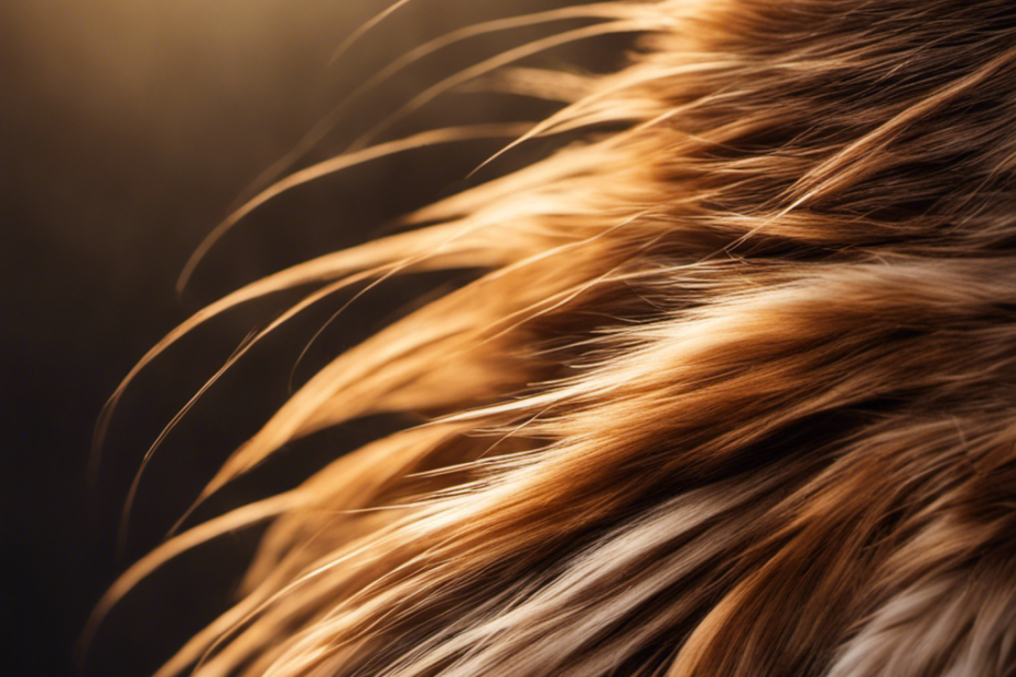 An image featuring a close-up shot of a soft, fluffy cat's tail with various shades of fur, illuminated by sunlight, capturing the intricate details of pet hair, from fine strands to loose tufts