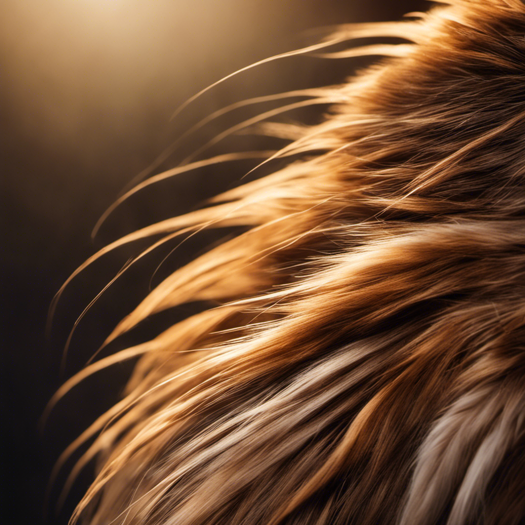 An image featuring a close-up shot of a soft, fluffy cat's tail with various shades of fur, illuminated by sunlight, capturing the intricate details of pet hair, from fine strands to loose tufts