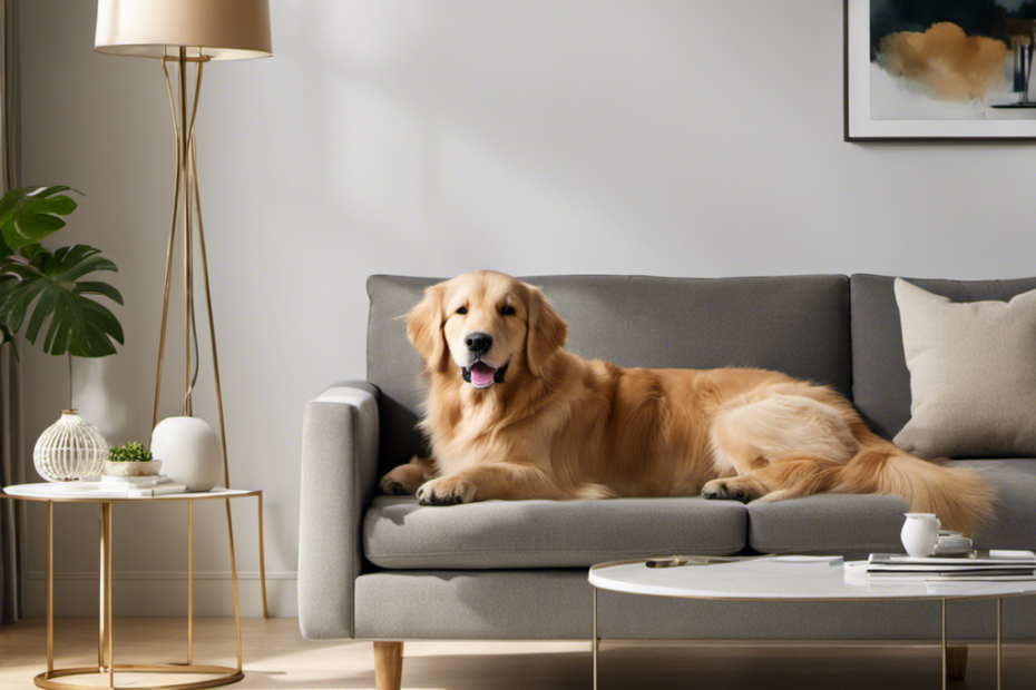 An image showcasing a sleek, modern living room with a fluffy golden retriever comfortably lounging on a plush sofa, surrounded by pristine air
