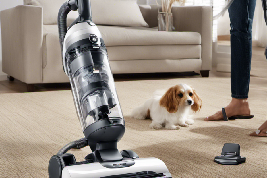 An image that showcases a bagless vacuum cleaner specifically designed for pet hair, featuring a powerful suction mechanism, a detachable pet hair attachment, and a large transparent canister to visibly display the collected pet hair