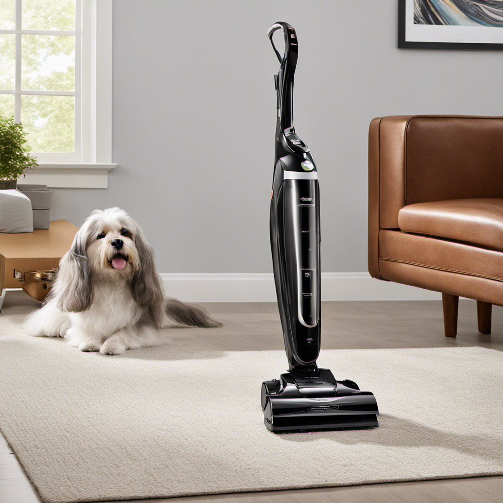 An image showcasing a sleek, modern battery-powered upright vacuum specifically designed for pet hair removal