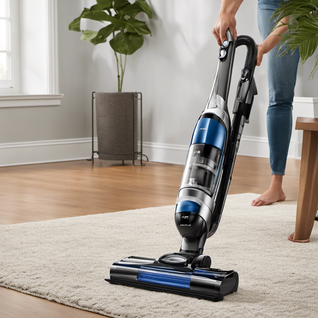 An image showcasing a sleek, modern battery-powered upright vacuum stick specifically designed for pet hair