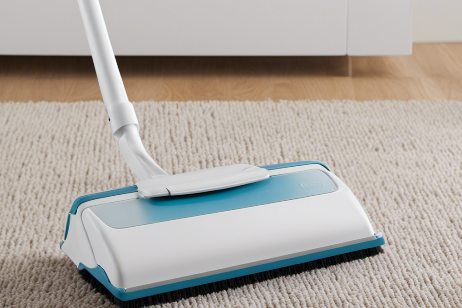 An image showcasing a robust carpet sweeper, designed with sturdy bristles and a wide cleaning path, efficiently collecting pet hair
