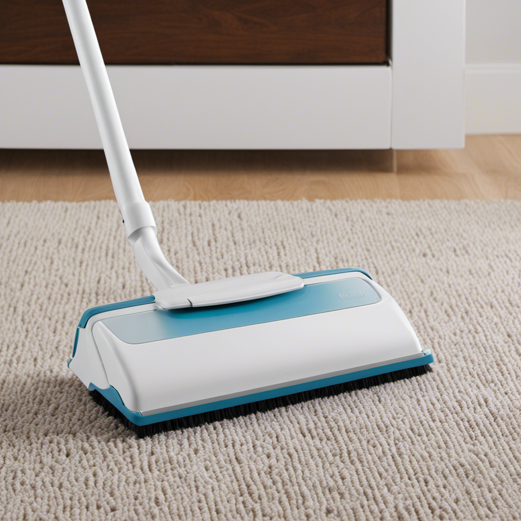 An image showcasing a robust carpet sweeper, designed with sturdy bristles and a wide cleaning path, efficiently collecting pet hair
