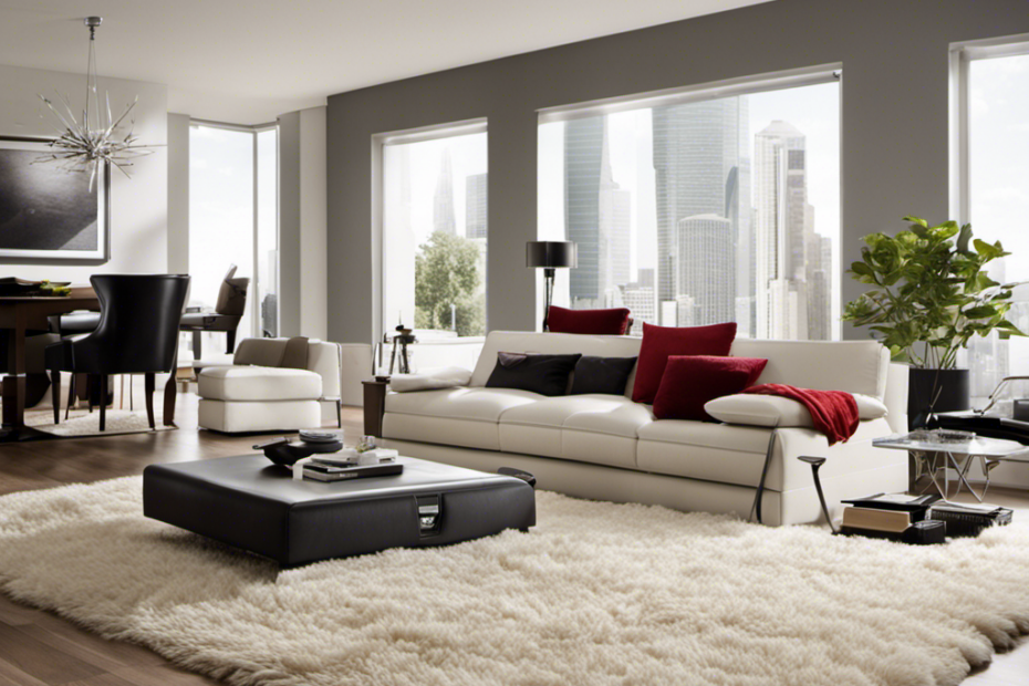 An image showcasing a large, modern living room with plush carpets and various pet hair scattered across