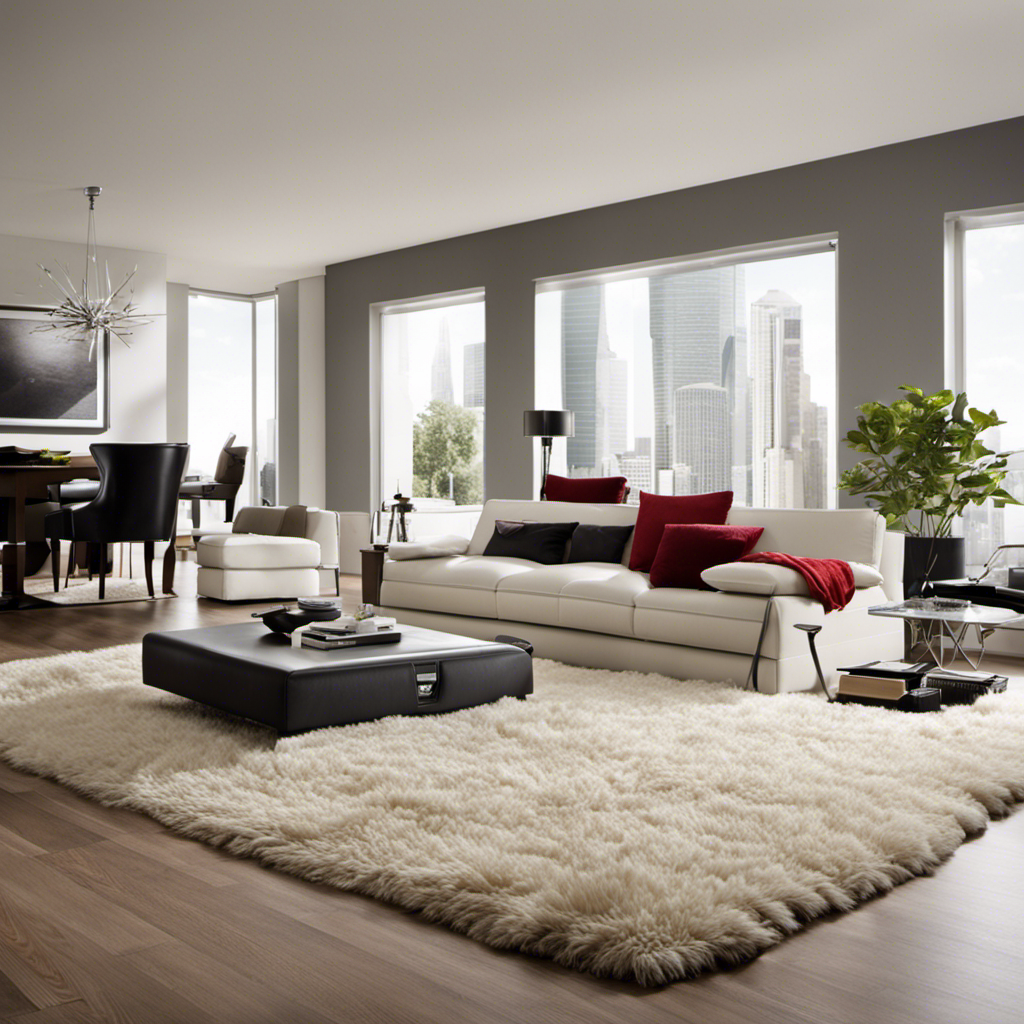 An image showcasing a large, modern living room with plush carpets and various pet hair scattered across