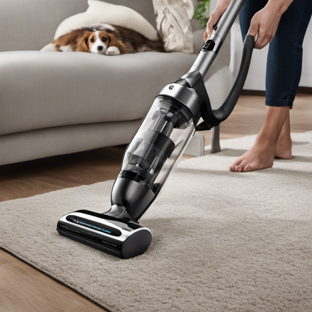 An image that showcases a sleek, handheld cordless vacuum in action, effortlessly capturing stubborn pet hair from furniture and carpets