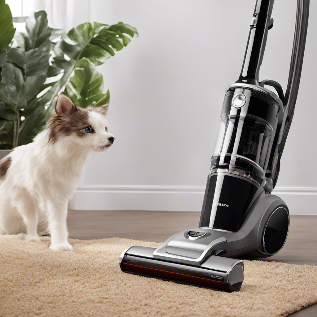 An image showcasing a sleek, modern cordless pet hair vacuum with a powerful motor, ergonomic handle, and a transparent dustbin