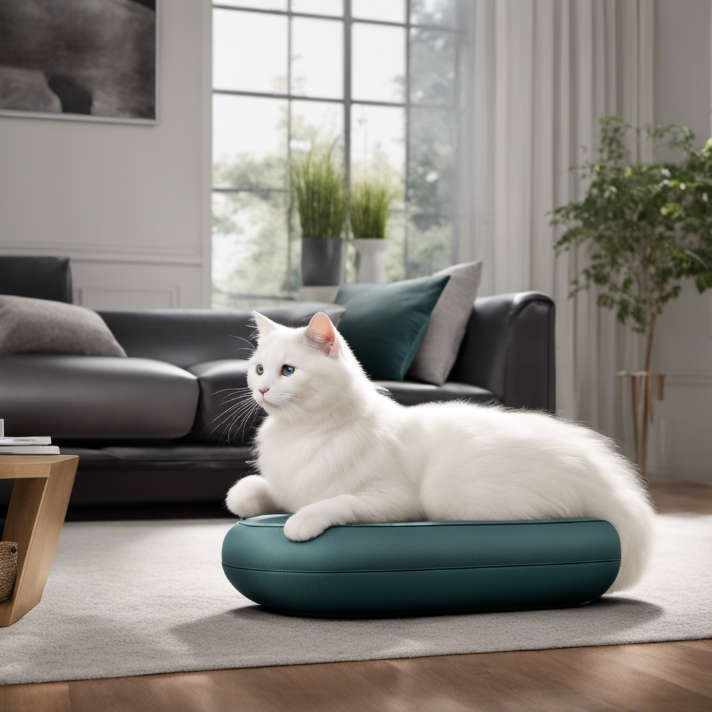 An image that showcases a sleek, modern living room with a fluffy white cat comfortably lounging on a pristine couch