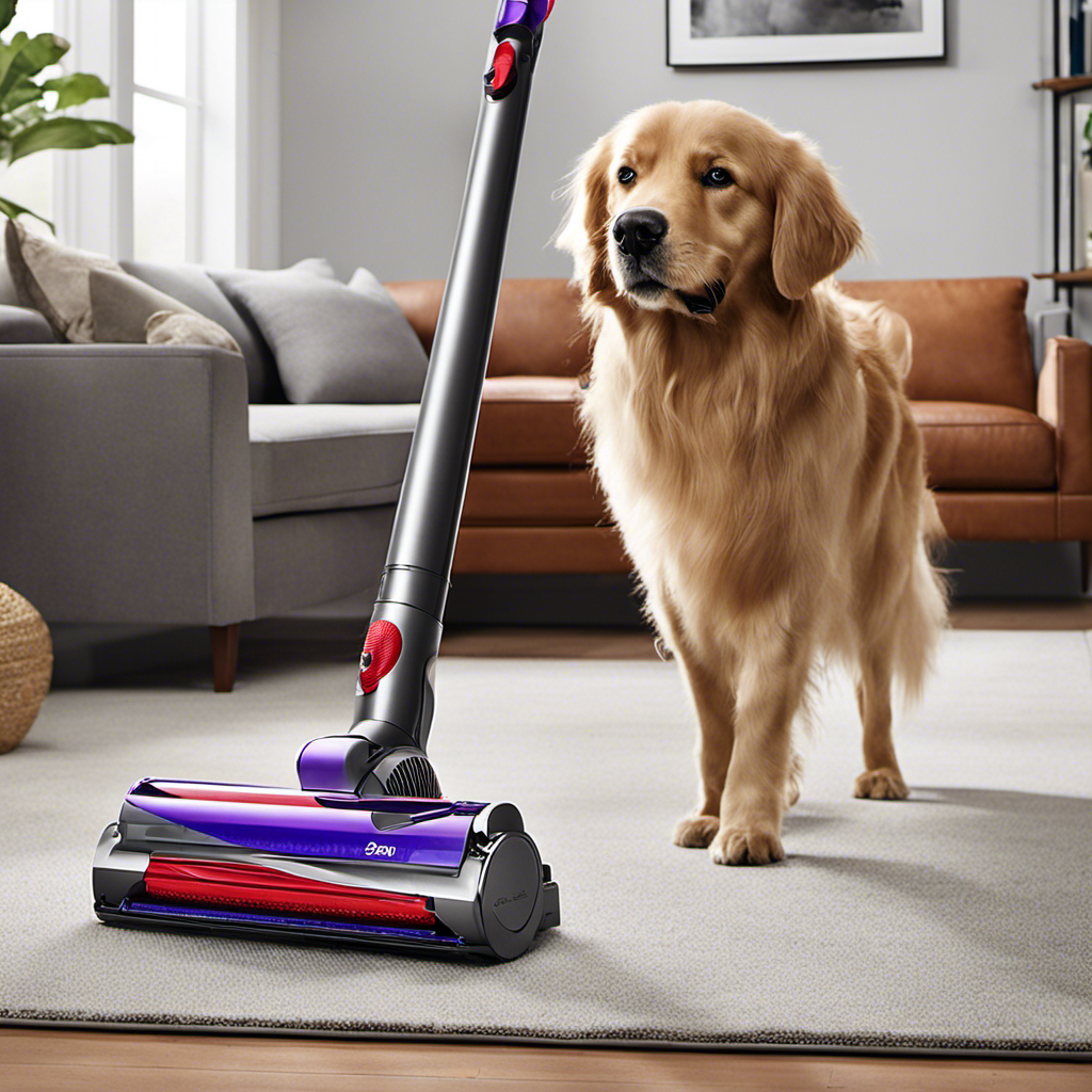 An image showcasing a sleek Dyson vacuum with a specialized pet hair attachment