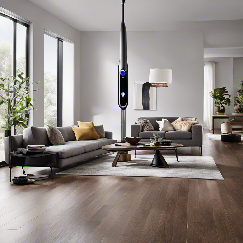 An image showcasing a sleek, modern living room with hardwood floors, where a Dyson vacuum effortlessly captures pet hair