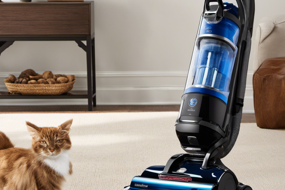 An image showcasing a sleek, lightweight upright vacuum cleaner specifically designed to tackle pet hair