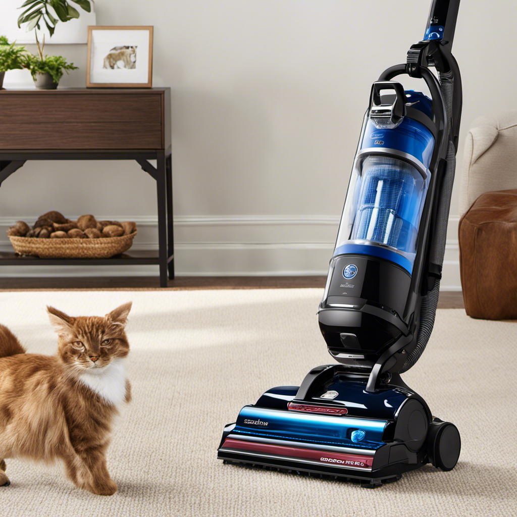 An image showcasing a sleek, lightweight upright vacuum cleaner specifically designed to tackle pet hair
