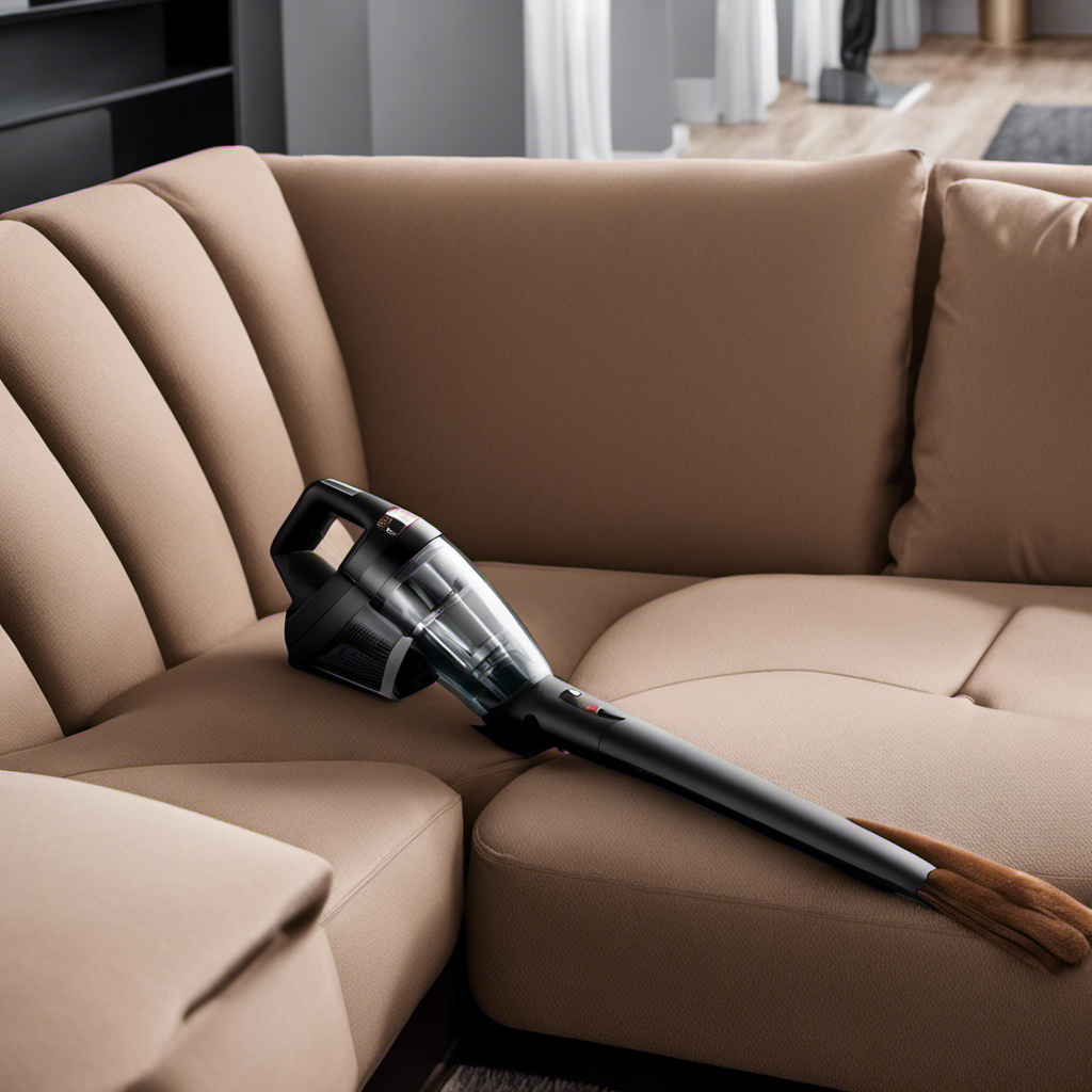 An image showcasing a sleek handheld vacuum cleaner, designed with a powerful suction capability and specialized pet hair attachments