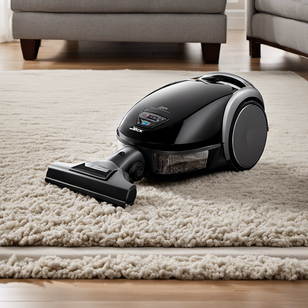 An image showcasing a sleek, powerful vacuum effortlessly gliding across plush carpets, effectively lifting every strand of pet hair