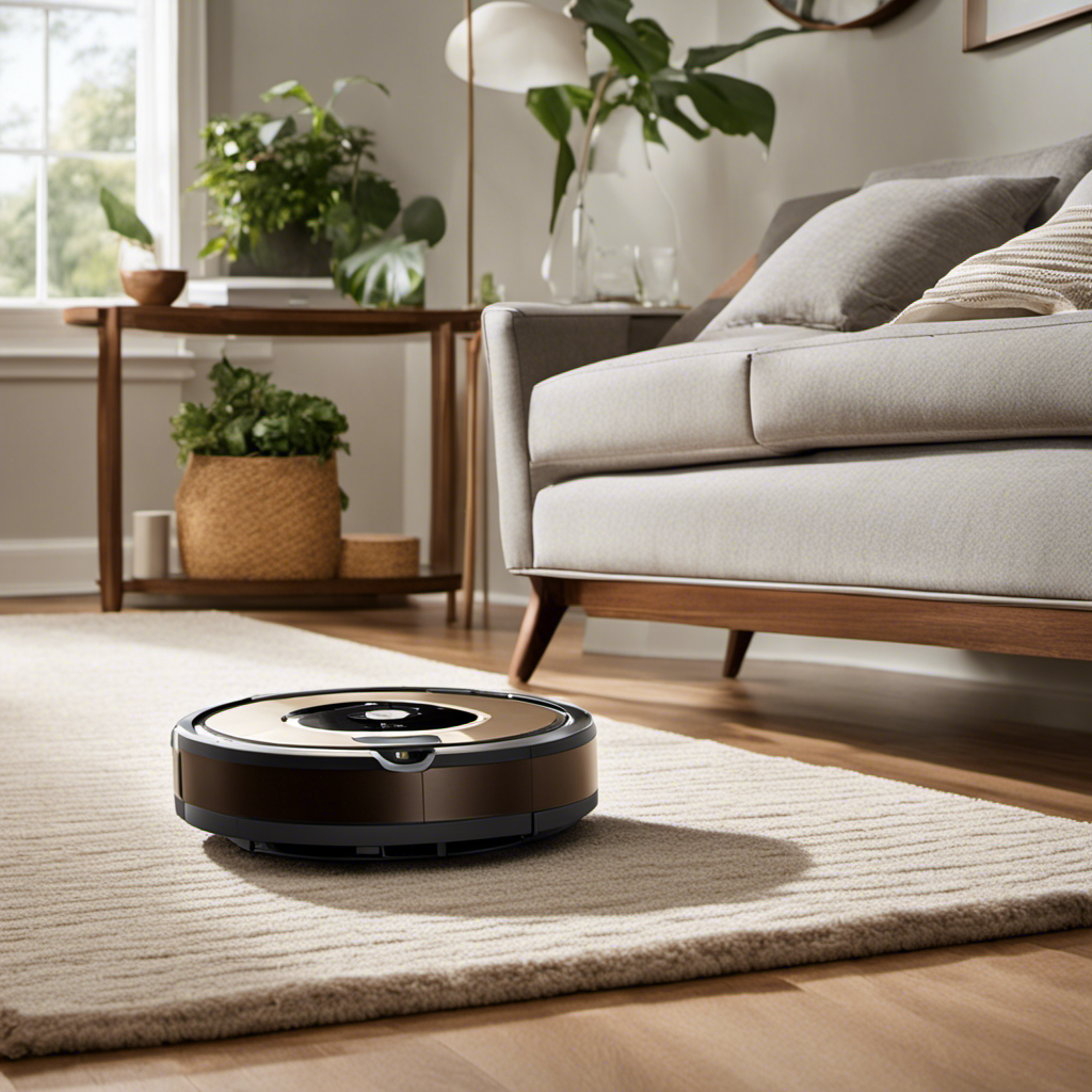 An image showcasing a Roomba 890 effortlessly gliding across a living room floor, effortlessly capturing pet hair