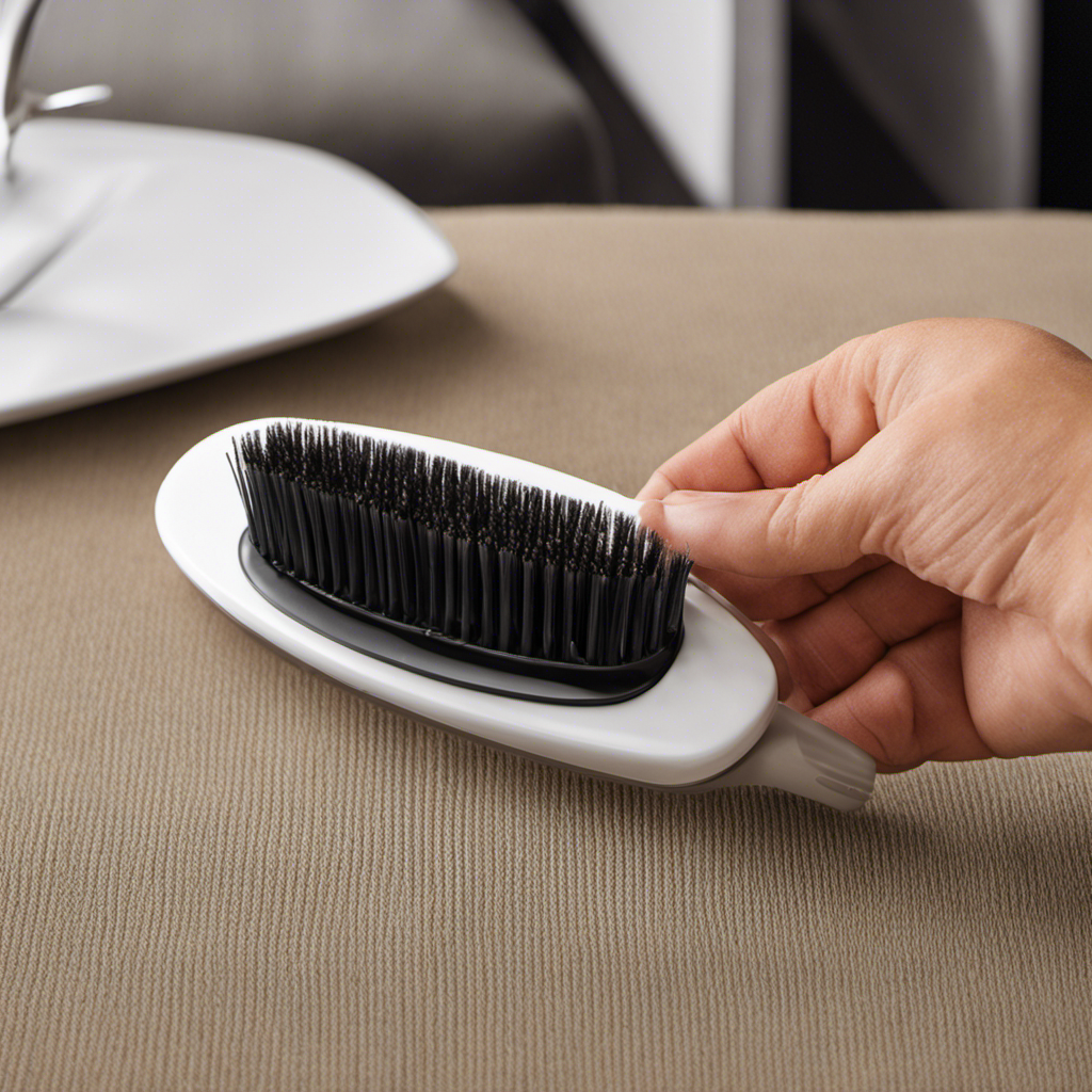 An image showcasing a sleek, ergonomic lint brush with densely packed, flexible bristles in varying lengths, effortlessly removing stubborn pet hair from upholstery, clothes, and carpets
