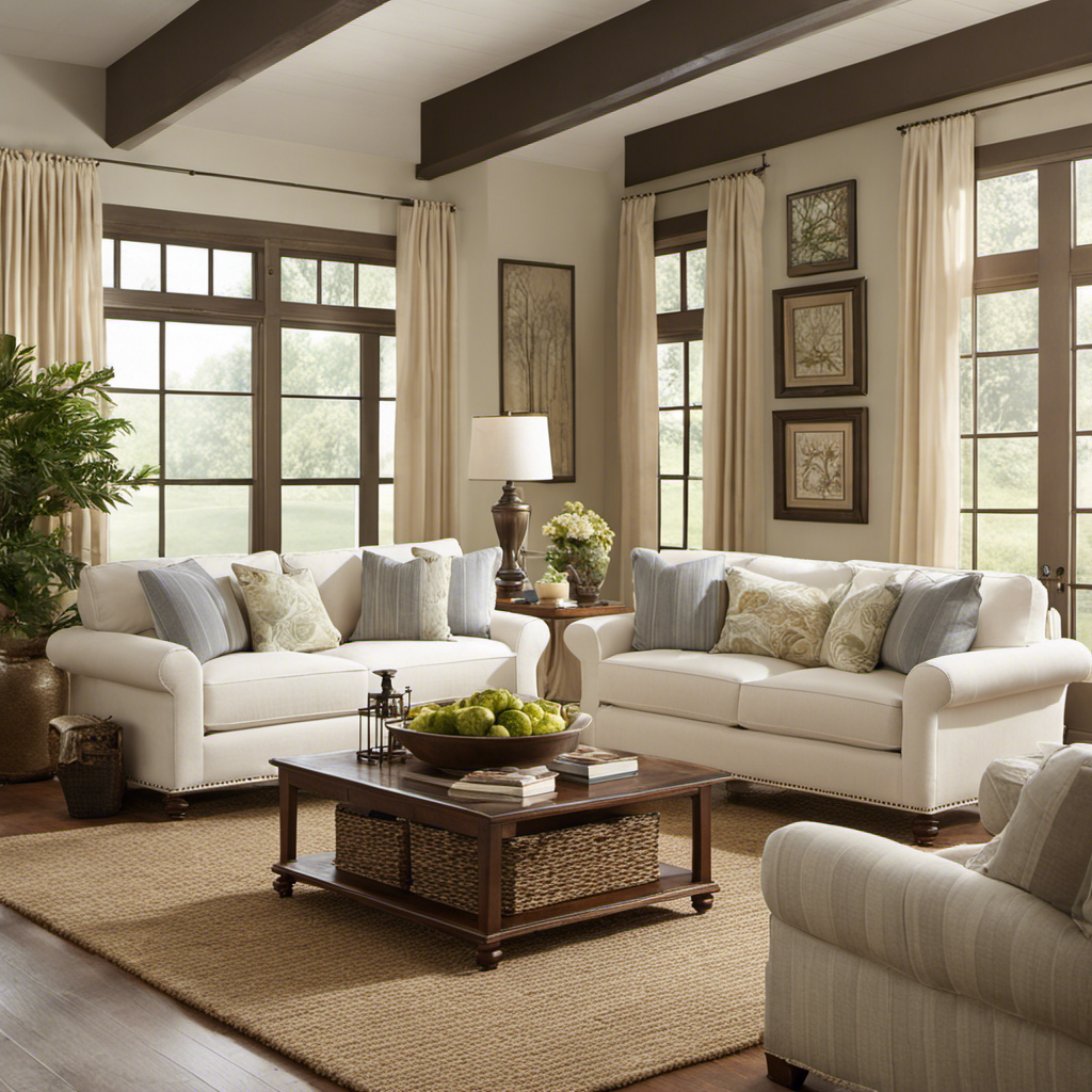 An image showcasing a cozy living room with a slipcovered sofa made from a durable, tightly woven fabric