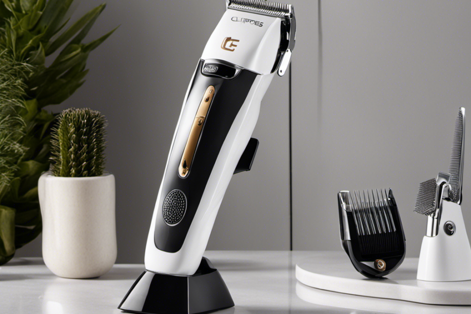 An image showcasing a set of sleek, ergonomic pet hair clippers resting on a clean, white countertop