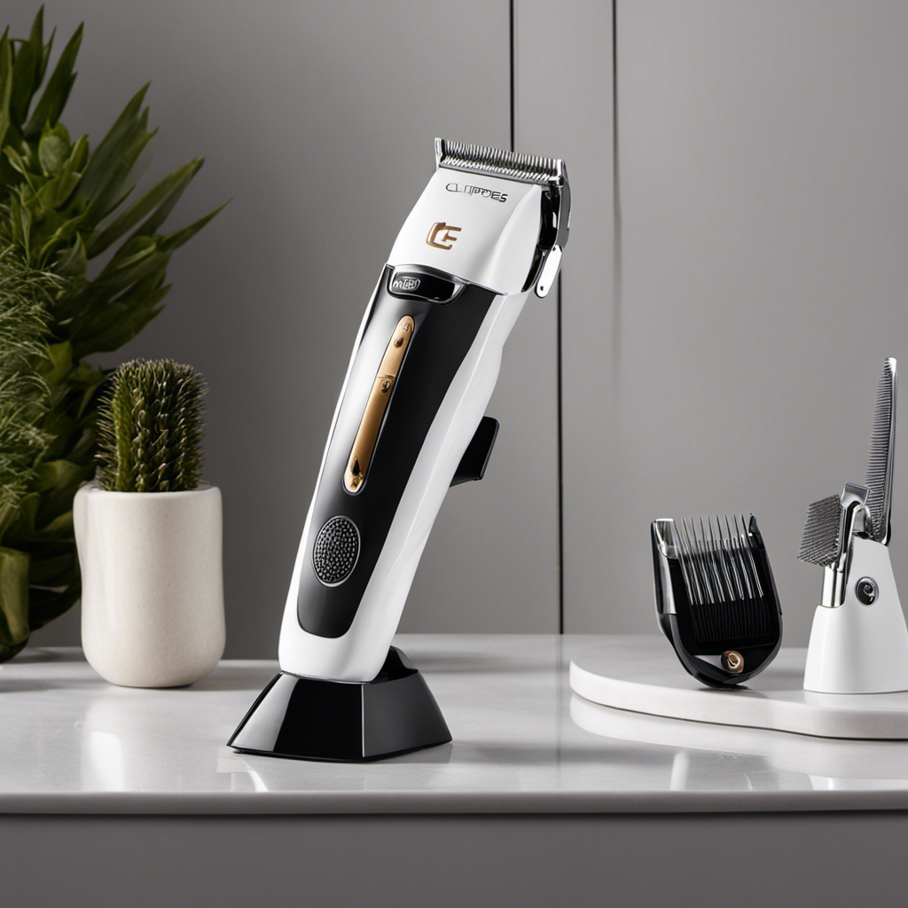 An image showcasing a set of sleek, ergonomic pet hair clippers resting on a clean, white countertop