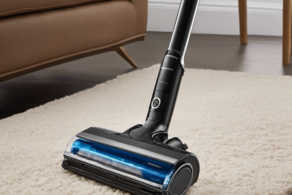 An image showcasing a sleek, modern cordless vacuum effortlessly gliding over a plush carpet, effortlessly sucking up every strand of pet hair