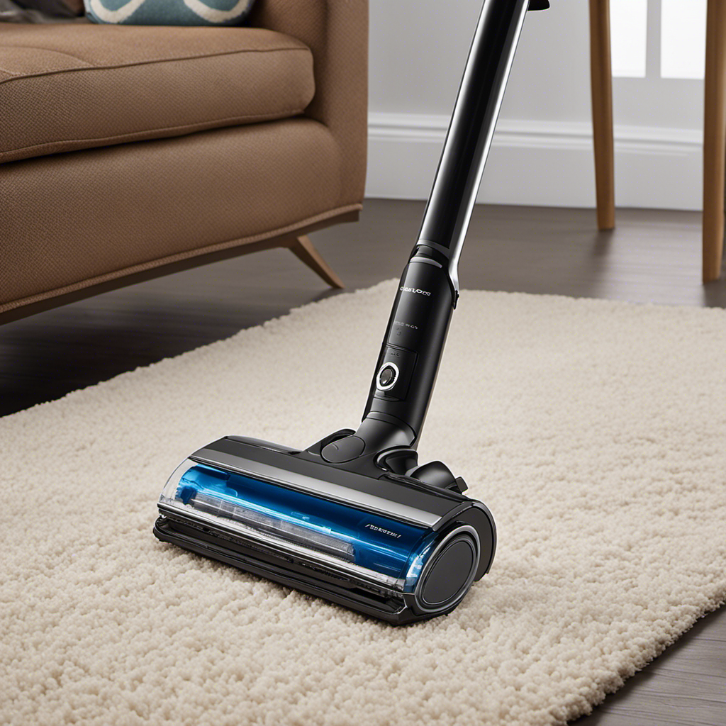 An image showcasing a sleek, modern cordless vacuum effortlessly gliding over a plush carpet, effortlessly sucking up every strand of pet hair