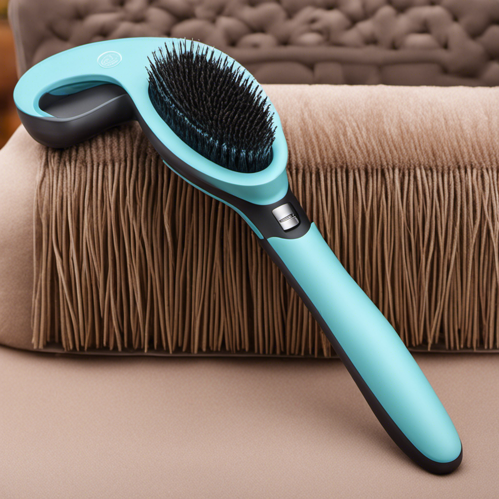 An image of a sleek, ergonomic pet hair remover brush with soft bristles that effortlessly glide through fluffy fur, capturing every strand