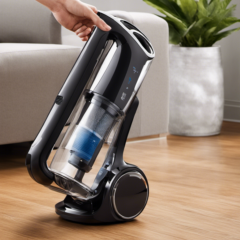 An image showcasing a sleek, portable pet hair vacuum with a powerful suction, easily maneuvering around furniture and reaching into tight corners