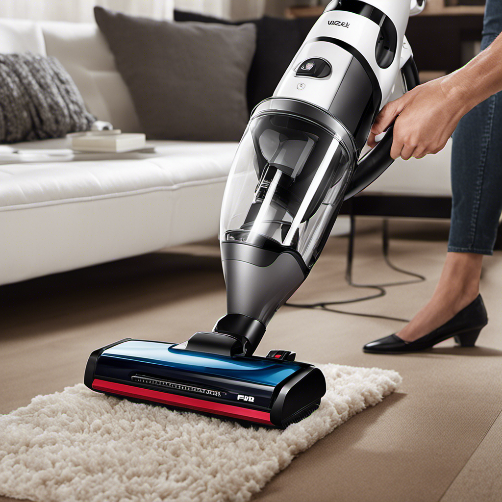 An image showcasing a sleek, powerful pet hair vacuum in action, effortlessly capturing fur from various surfaces