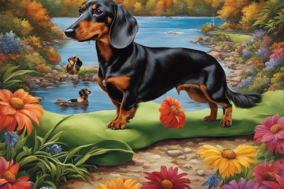 An image showcasing a content Dachshund Miniature Long Hair, with a vibrant Floridian backdrop