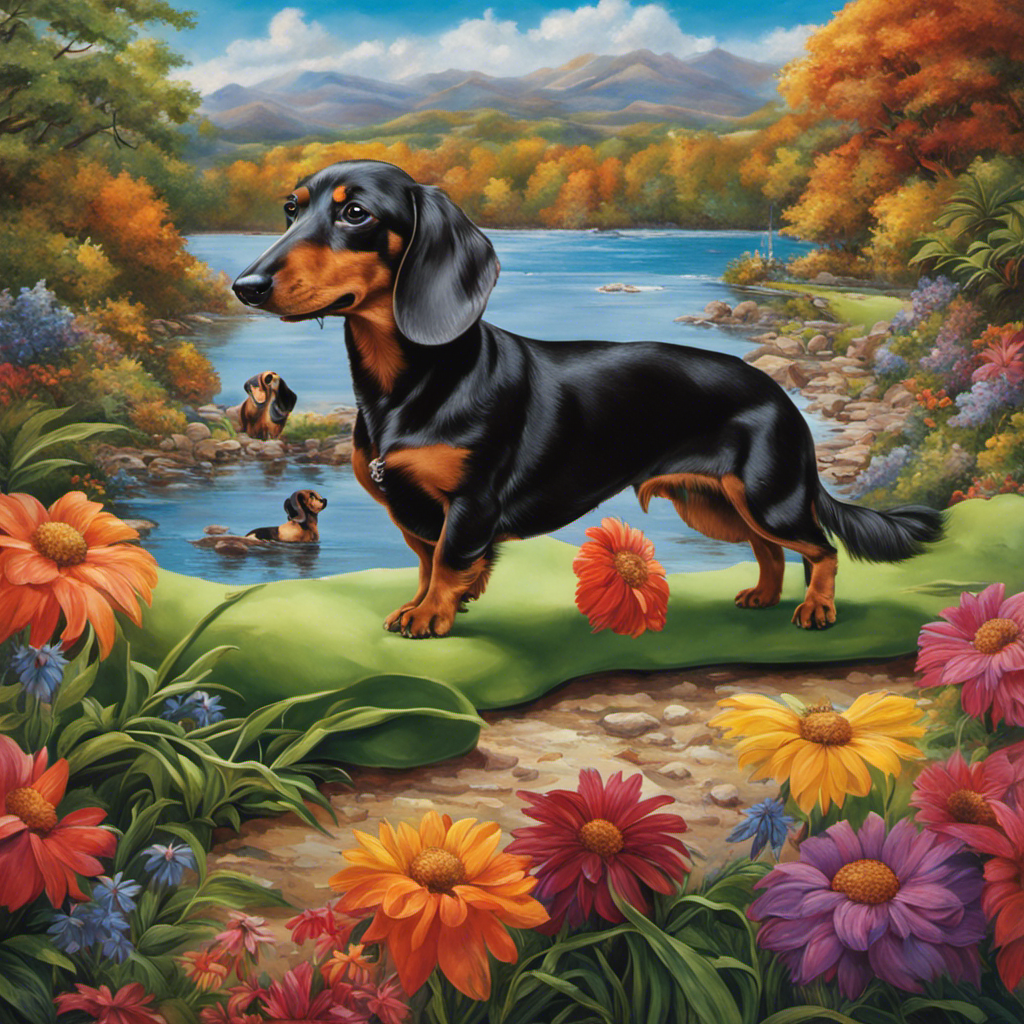 An image showcasing a content Dachshund Miniature Long Hair, with a vibrant Floridian backdrop