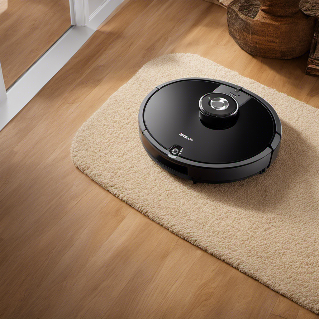 An image capturing a sleek robot vacuum cleaner maneuvering effortlessly across a carpeted floor, effortlessly sucking up tufts of pet hair