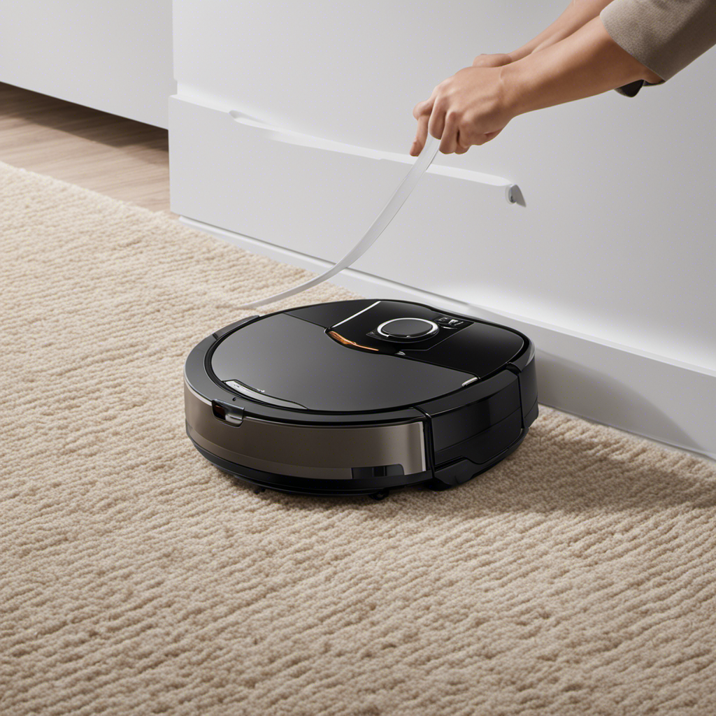 An image showcasing a sleek and powerful robot vacuum effortlessly gliding across a carpeted floor, effortlessly sucking up pet hair