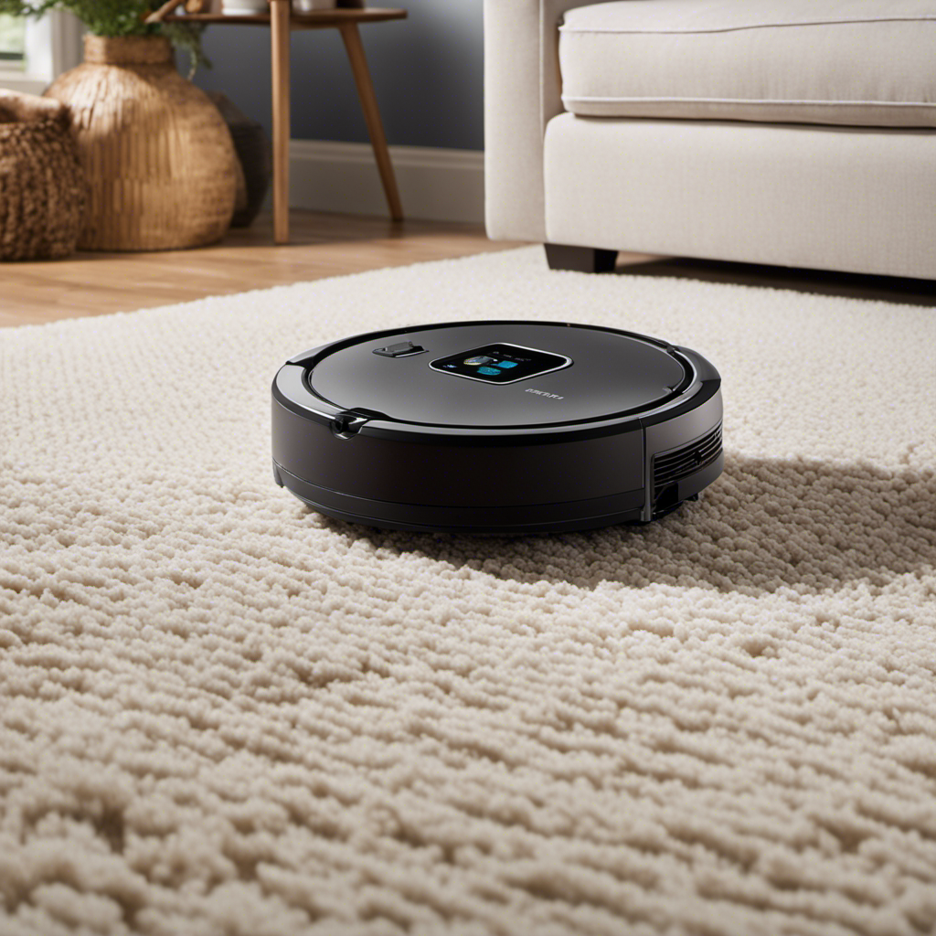 A visually captivating image showcasing a state-of-the-art robot vacuum effortlessly gliding across a plush carpet, effectively sucking up pet hair