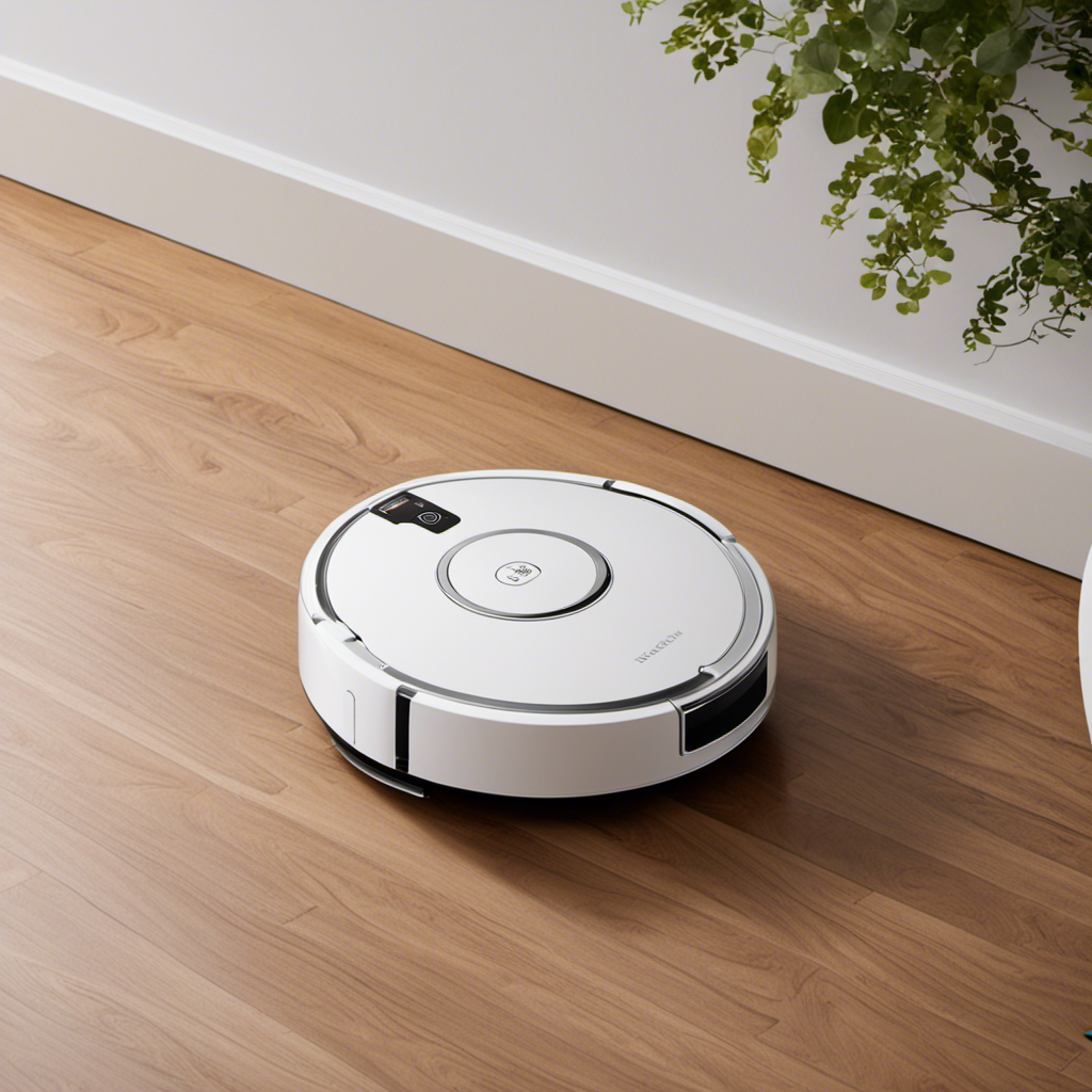 An image showcasing a sleek robot vacuum effortlessly gliding over a pristine hardwood floor, seamlessly transitioning onto a plush carpet