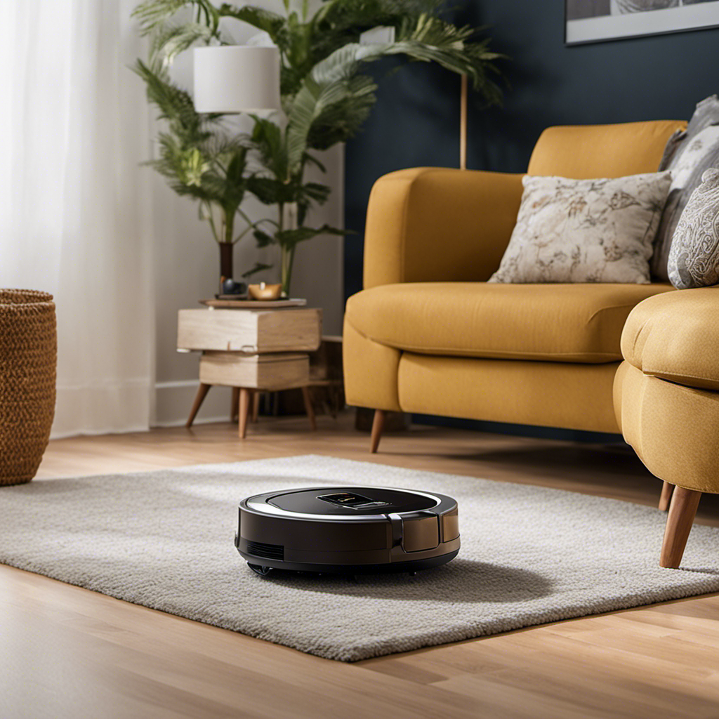 An image featuring a robot vacuum effortlessly gliding across a living room floor, effortlessly sucking up pet hair