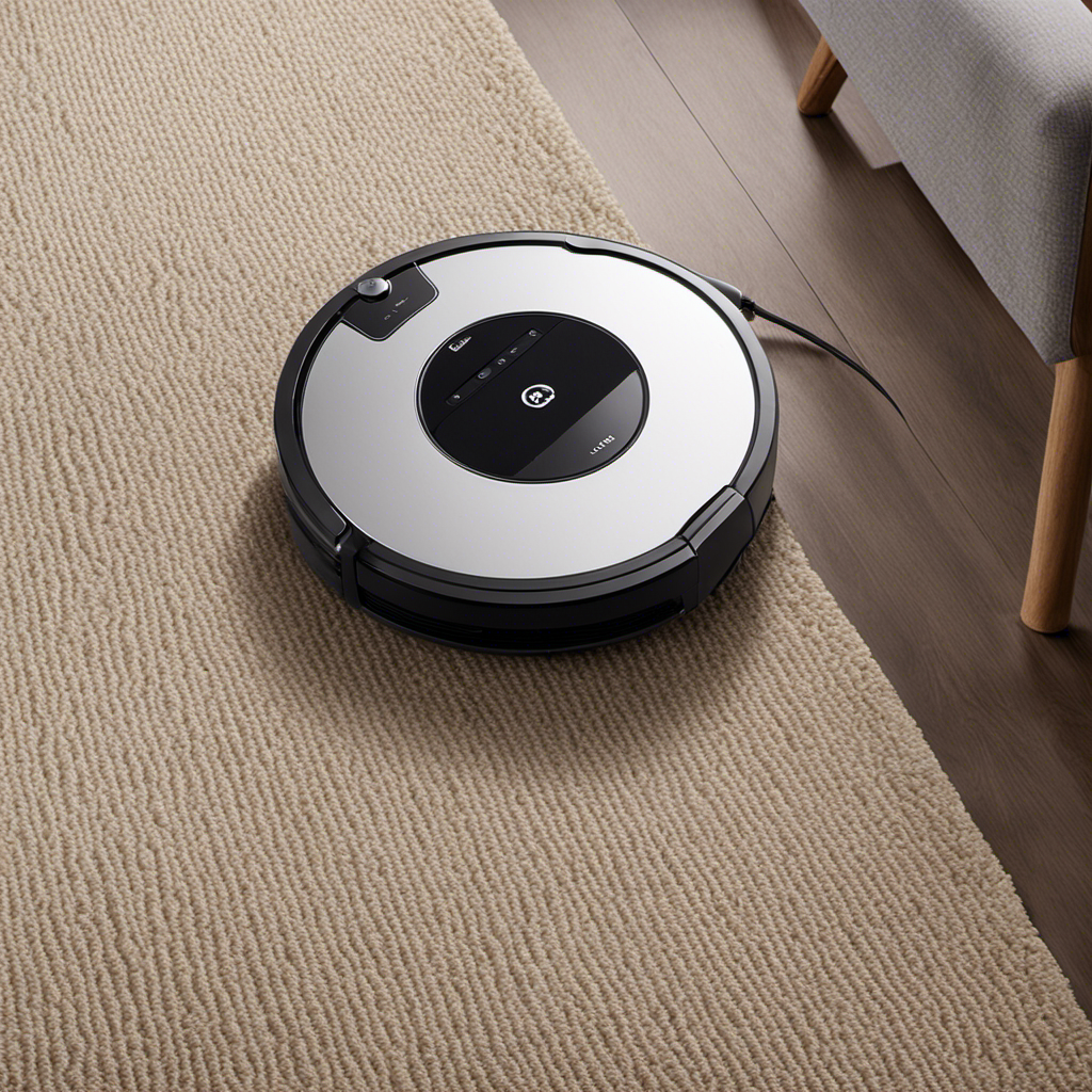 An image showcasing a robot vacuum effortlessly gliding across a carpeted floor, efficiently sucking up pet hair