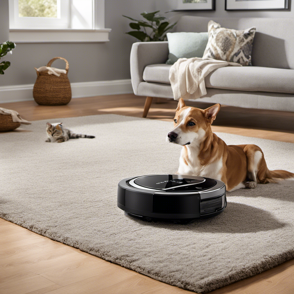 An image showcasing a sleek robotic vacuum with advanced brush technology effortlessly removing pet hair from a luxurious carpet, while a contented dog lounges nearby and a happy cat playfully watches