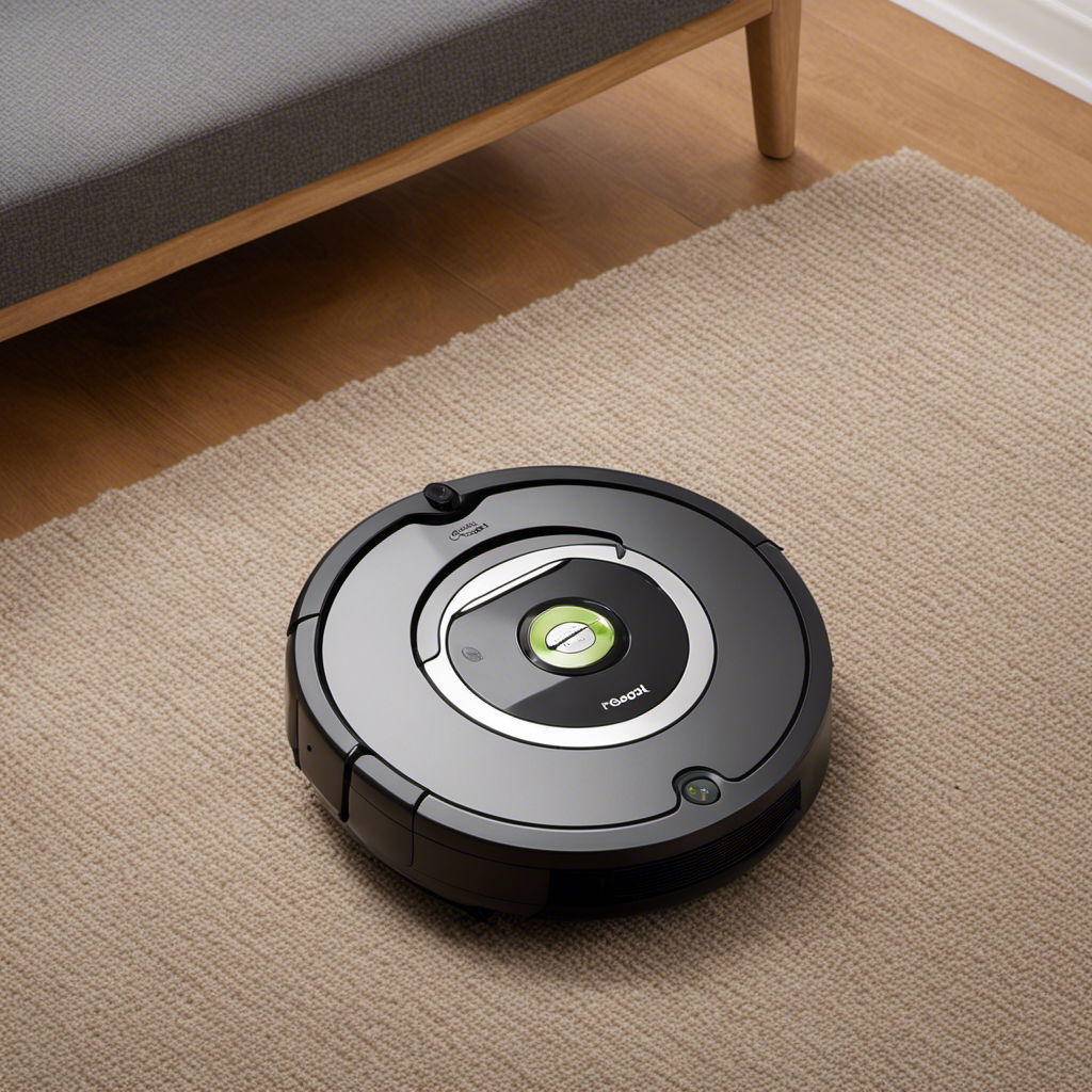 An image showcasing a Roomba gracefully gliding across a carpet, seamlessly capturing clumps of pet hair