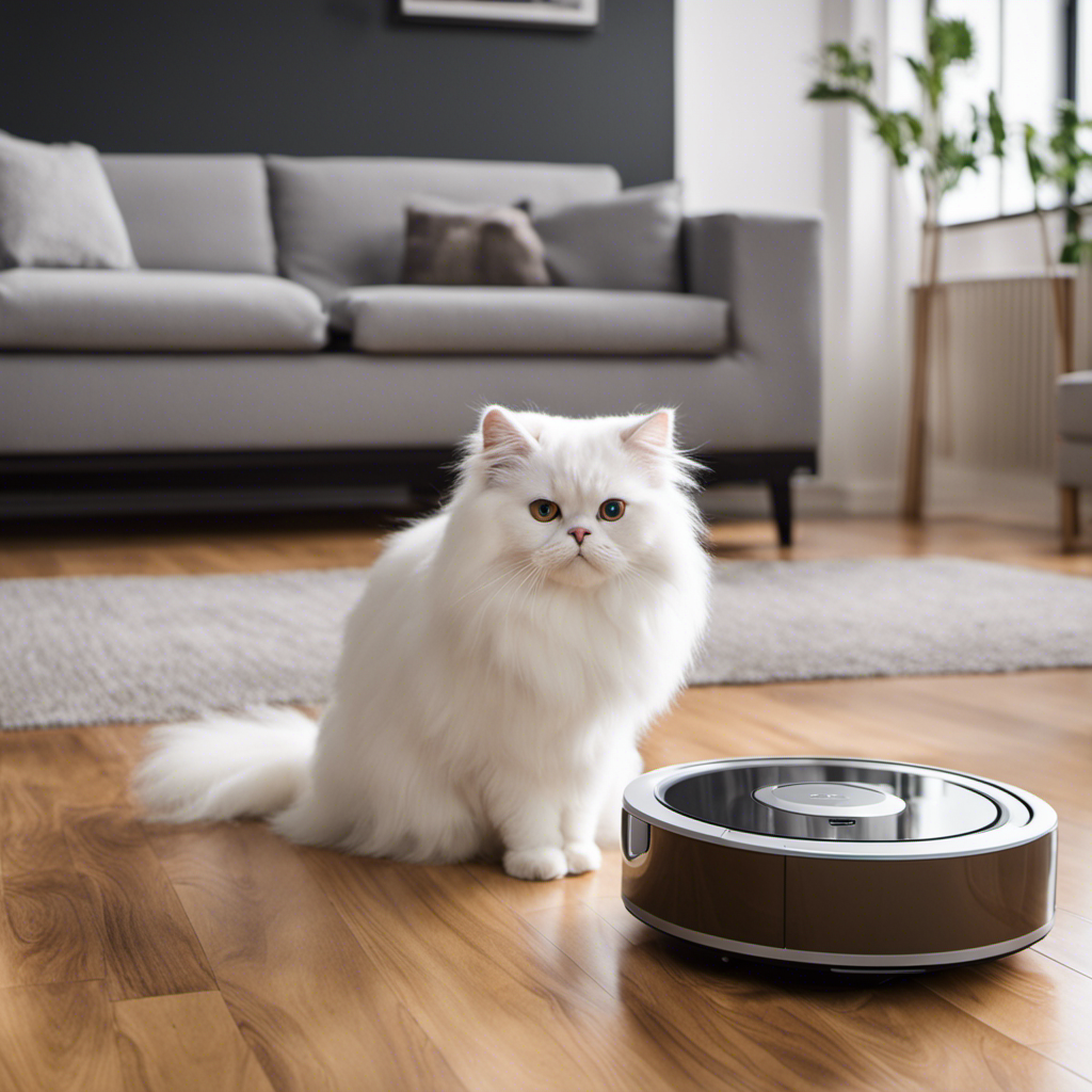 An image showcasing a modern living room with a fluffy white Persian cat lying contentedly on a sleek, hardwood floor