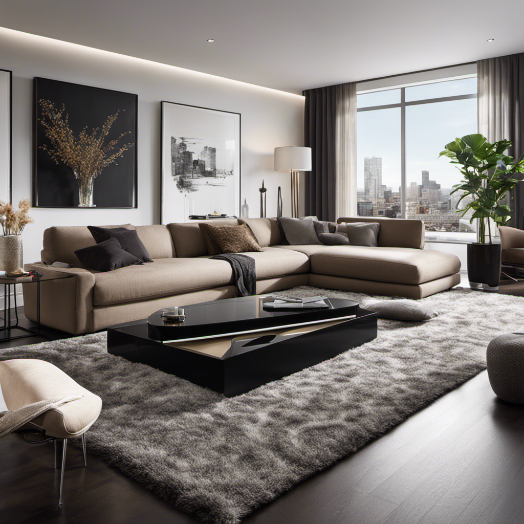 An image showcasing a sleek, modern living room with a plush carpet littered with pet hair