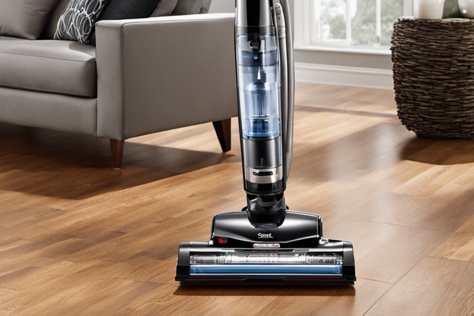 An image showcasing a sleek, powerful shark vacuum effortlessly gliding over gleaming hardwood floors, while capturing every speck of pet hair with its advanced suction technology