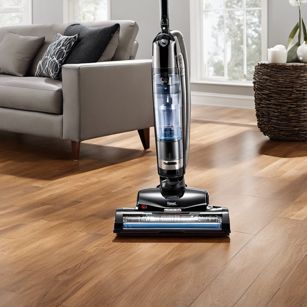 An image showcasing a sleek, powerful shark vacuum effortlessly gliding over gleaming hardwood floors, while capturing every speck of pet hair with its advanced suction technology
